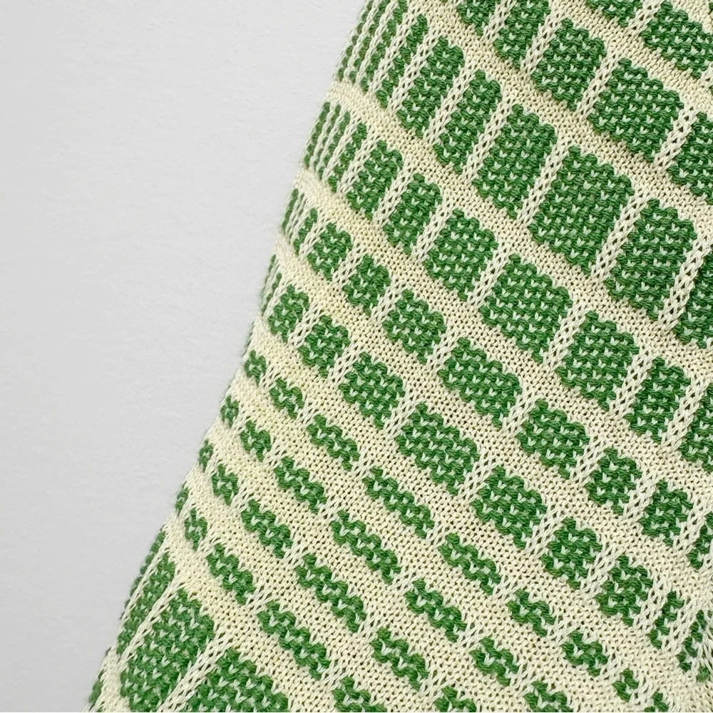 COS Checked Jacquard Knit Top Green & Cream Size XS Oversized Boxy Short Sleeve